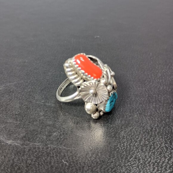 Native America Navajo Sterling Silver Coral & Turquoise Ring Max Calladitto 8.50 - Picture 6 of 8